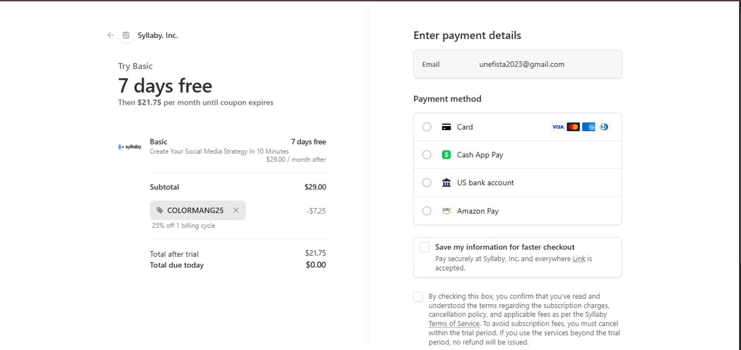Syllaby promo code screenshot showing code Colormang25 applied at Syllaby checkout page. Uploaded by SimplyCodes community member juanisaac on Jan 1, 2026