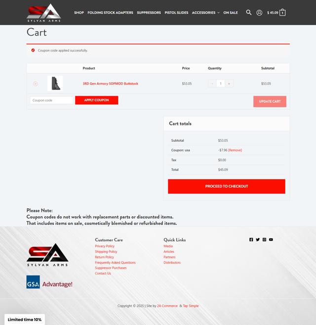 Sylvan Arms checkout page showing Sylvan Arms coupon code box | Screenshot taken by SimplyCodes community member on May 26, 2025