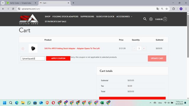 Sylvan Arms checkout page showing Sylvan Arms coupon code box | Screenshot taken by SimplyCodes community member on Mar 16, 2025