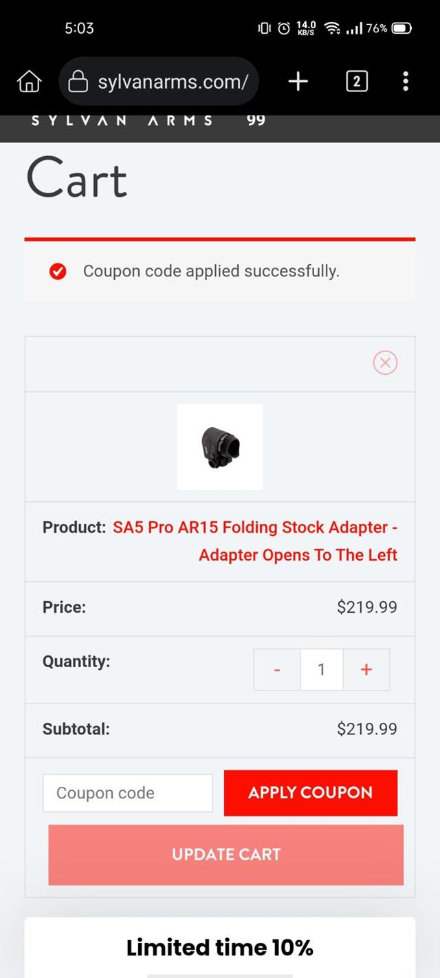 Sylvan Arms checkout page showing Sylvan Arms coupon code box | Screenshot taken by SimplyCodes community member on May 26, 2025