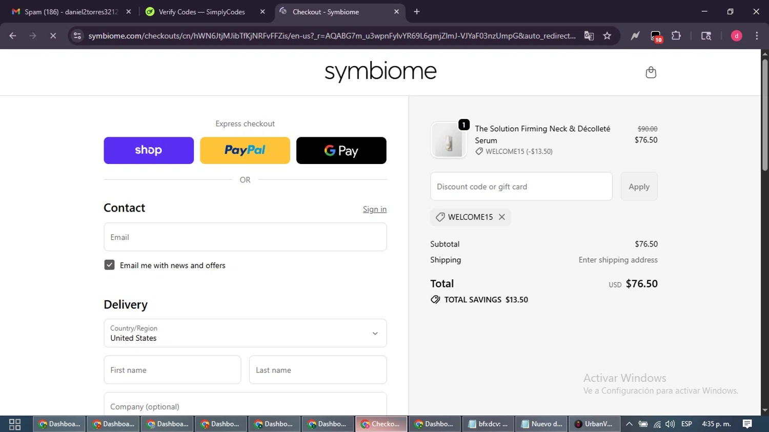 Symbiome discount code screenshot showing code WELCOME15 applied at Symbiome checkout page. Uploaded by SimplyCodes community member MagnificentSpotter4236 on Dec 11, 2025