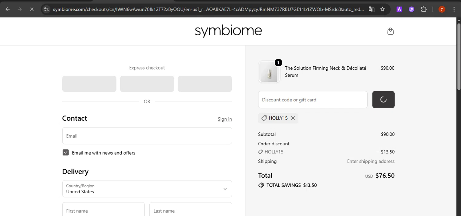 Symbiome discount code screenshot showing code HOLLY15 applied at Symbiome checkout page. Uploaded by SimplyCodes community member CrownTiger7501 on Dec 28, 2025