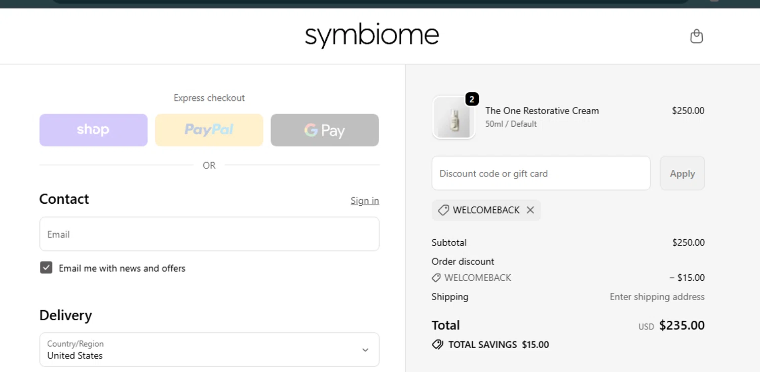 Symbiome discount code screenshot showing code WELCOMEBACK applied at Symbiome checkout page. Uploaded by SimplyCodes community member Jhonny on Dec 11, 2025