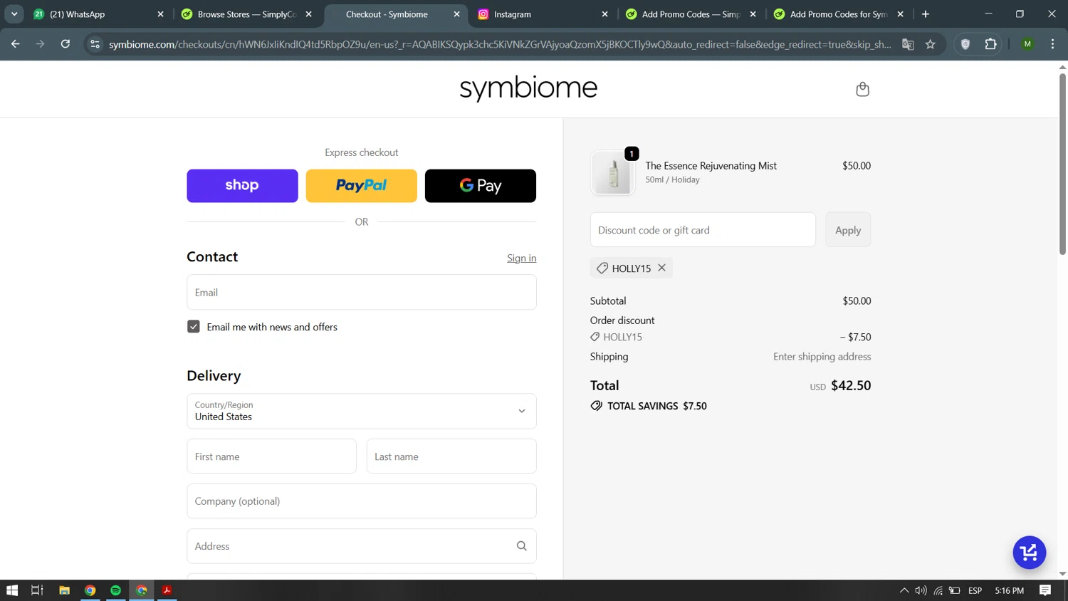 Symbiome discount code screenshot showing code HOLLY15 applied at Symbiome checkout page. Uploaded by SimplyCodes community member becomeaware on Dec 11, 2025