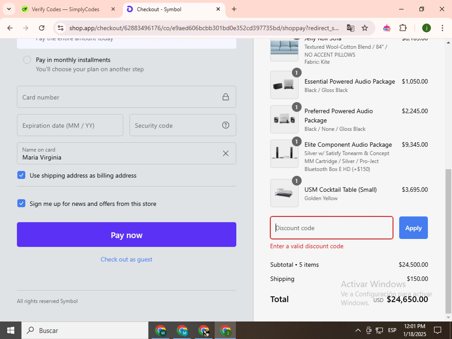 Symbol Audio promo code screenshot showing code bfcm applied at Symbol Audio checkout page. Uploaded by SimplyCodes community member SavingsCollector2592 on Jan 18, 2025
