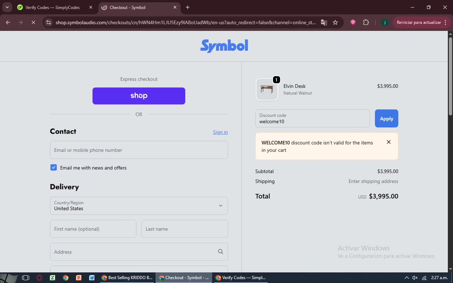 Symbol Audio promo code screenshot showing code welcome10 applied at Symbol Audio checkout page. Uploaded by SimplyCodes community member MoneySpotter5416 on Oct 19, 2025