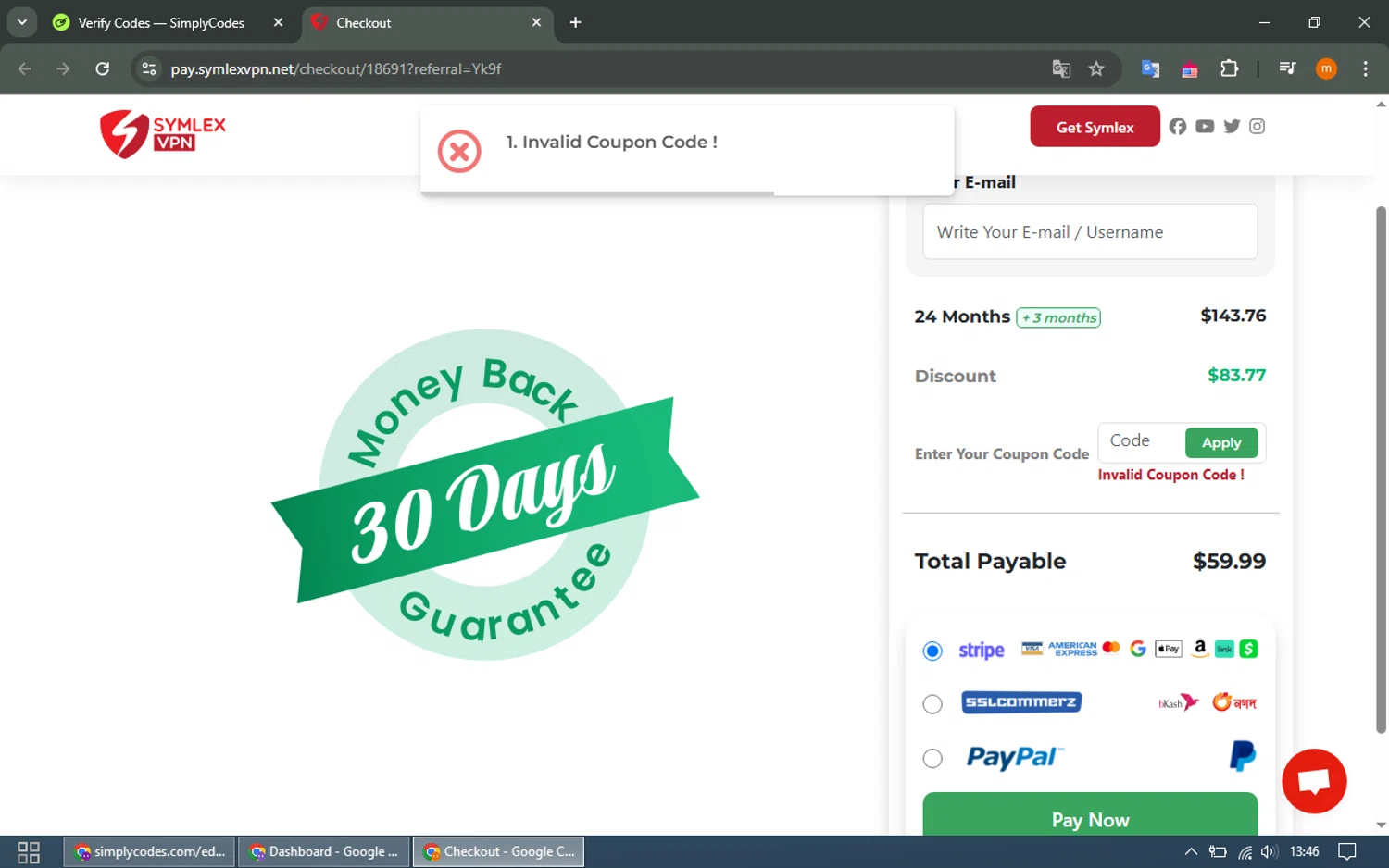 Symlex VPN coupon code screenshot showing code SIMPLYCODES10 applied at Symlex VPN checkout page. Uploaded by SimplyCodes community member EpicTracker8800 on Mar 23, 2025