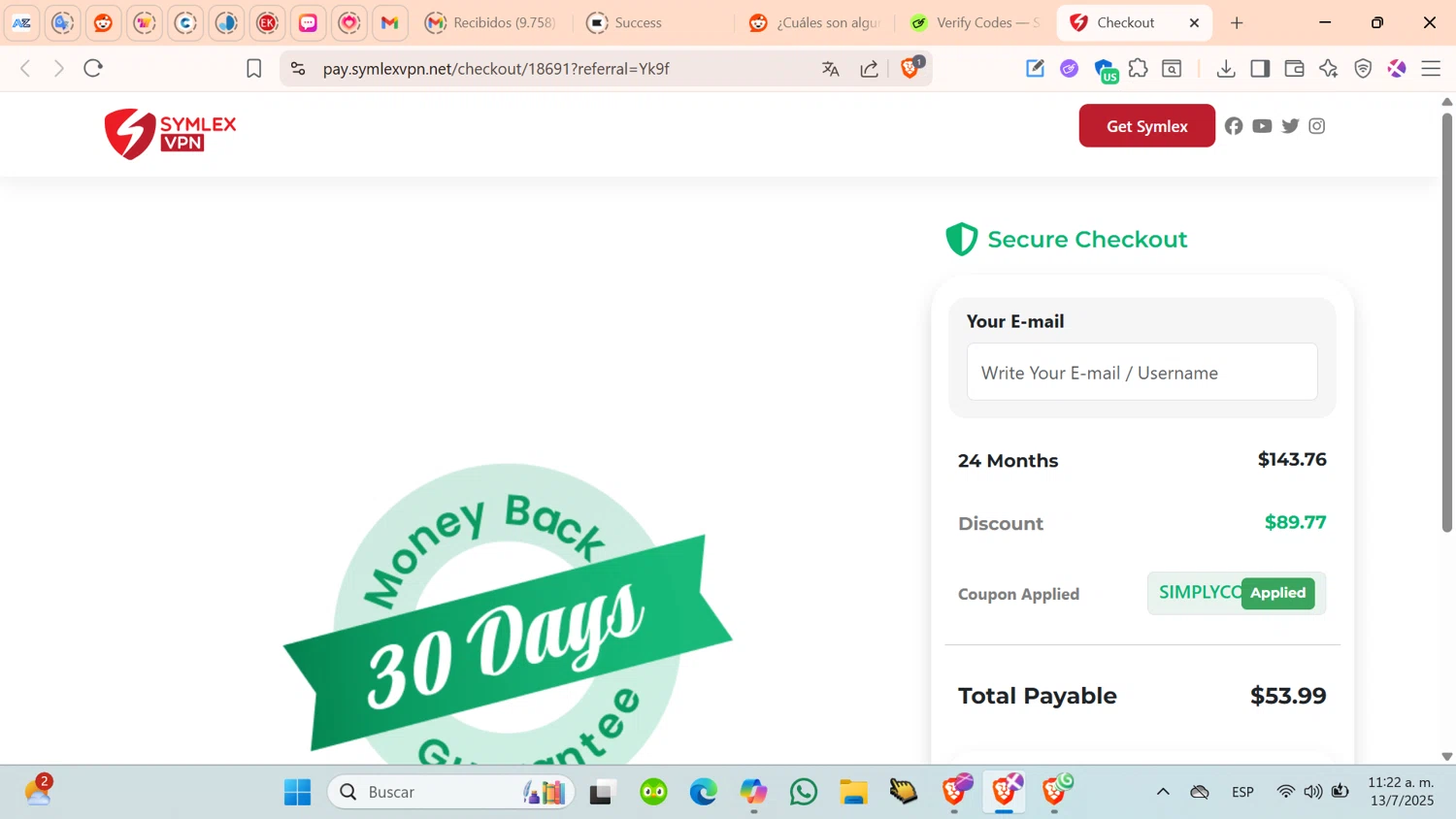 Symlex VPN coupon code screenshot showing code SIMPLYCODES10 applied at Symlex VPN checkout page. Uploaded by SimplyCodes community member cosita on Jul 13, 2025