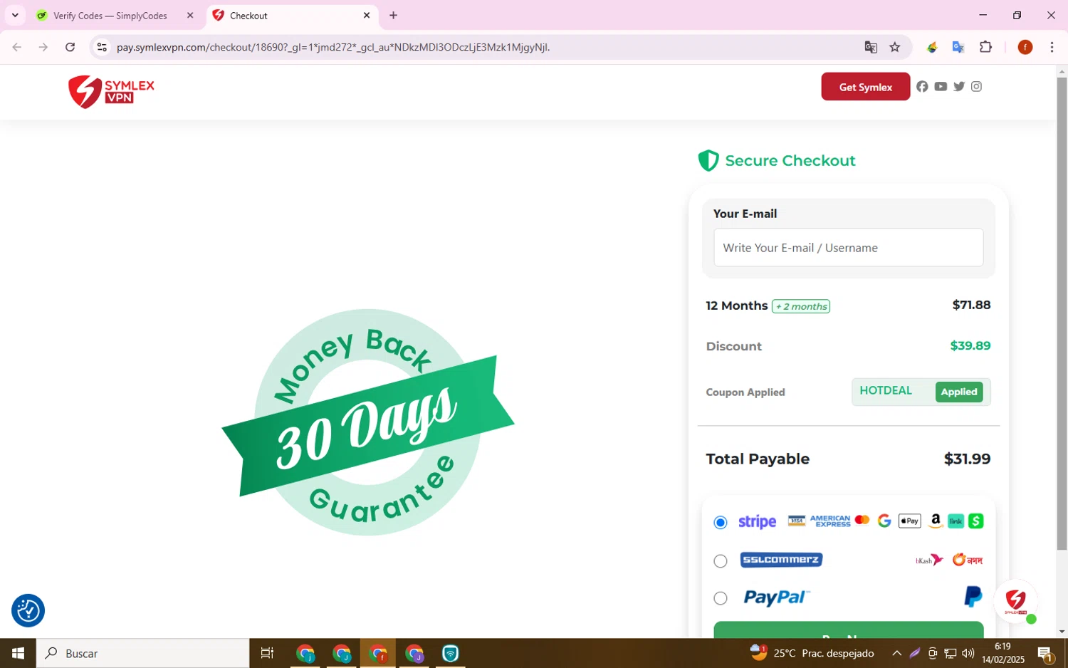 Symlex VPN coupon code screenshot showing code HOTDEAL applied at Symlex VPN checkout page. Uploaded by SimplyCodes community member Collug on Feb 14, 2025