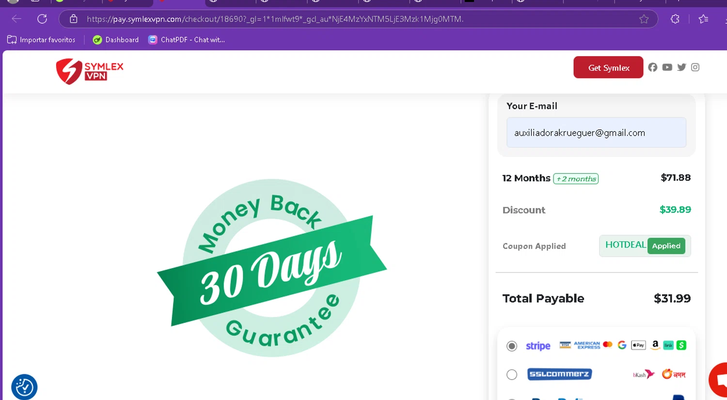 Symlex VPN coupon code screenshot showing code HOTDEAL applied at Symlex VPN checkout page. Uploaded by SimplyCodes community member FredoGodofredo on Feb 14, 2025