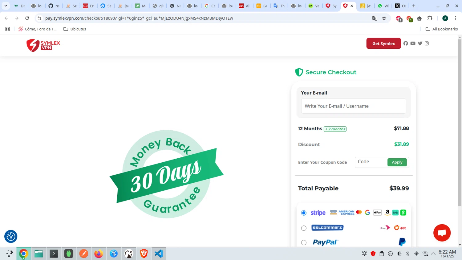 Symlex VPN coupon code screenshot showing code HOTDEAL applied at Symlex VPN checkout page. Uploaded by SimplyCodes community member admeneses on Jan 16, 2025