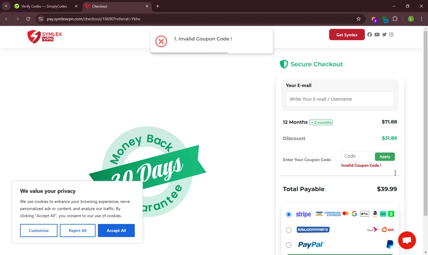 Symlex VPN coupon code screenshot showing code #INFLECT23 applied at Symlex VPN checkout page. Uploaded by SimplyCodes community member WonderDefender7772 on Jan 12, 2025