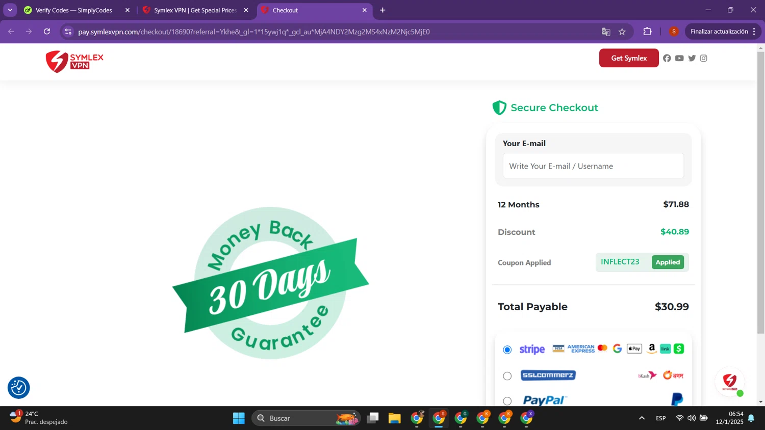 Symlex VPN coupon code screenshot showing code #INFLECT23 applied at Symlex VPN checkout page. Uploaded by SimplyCodes community member PrimeTracker2179 on Jan 12, 2025