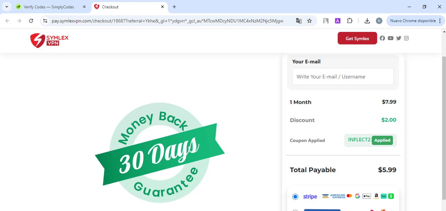 Symlex VPN coupon code screenshot showing code #INFLECT23 applied at Symlex VPN checkout page. Uploaded by SimplyCodes community member ExtraordinarySleuth3936 on Jan 12, 2025