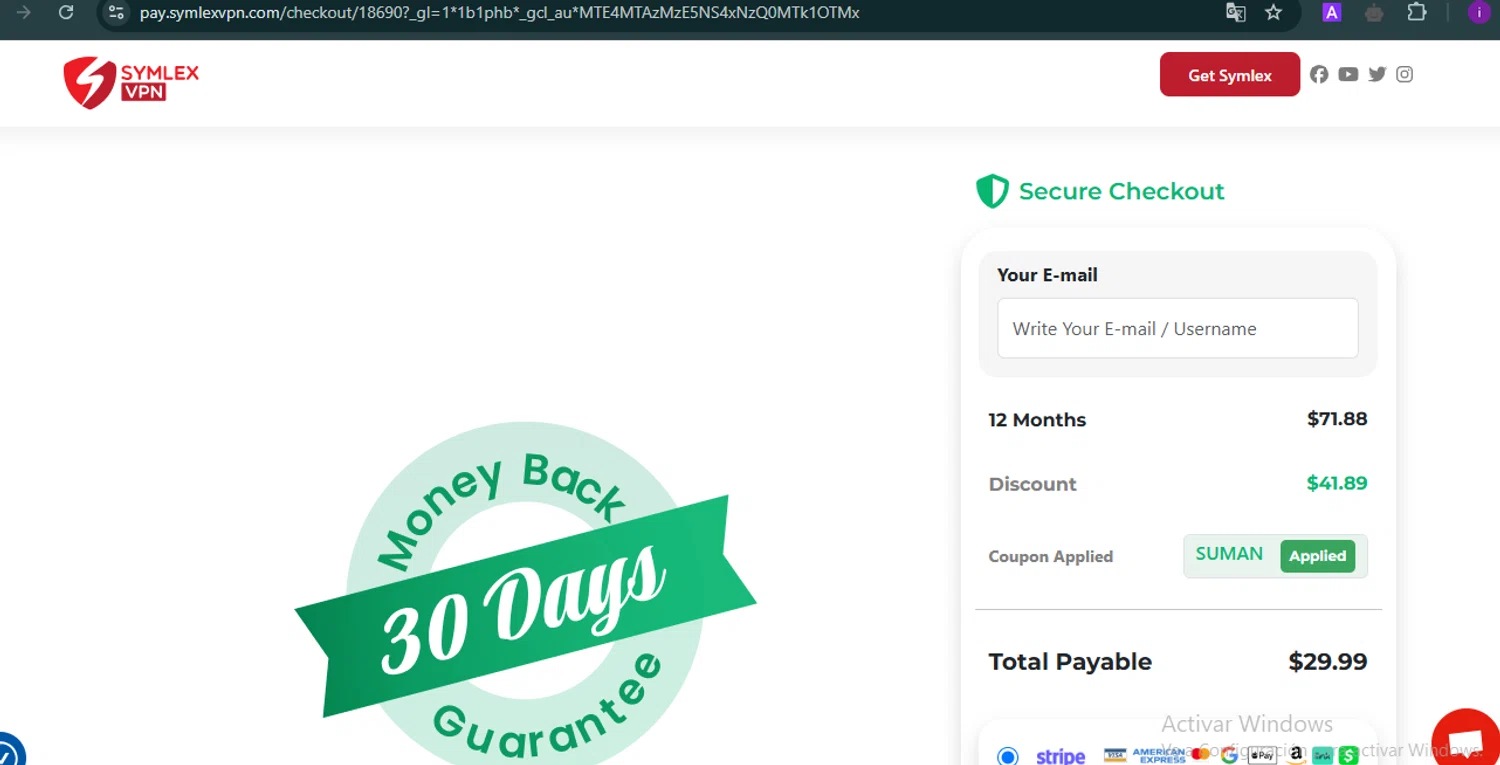 Symlex VPN coupon code screenshot showing code SUMAN applied at Symlex VPN checkout page. Uploaded by SimplyCodes community member SalePro7215 on Apr 9, 2025
