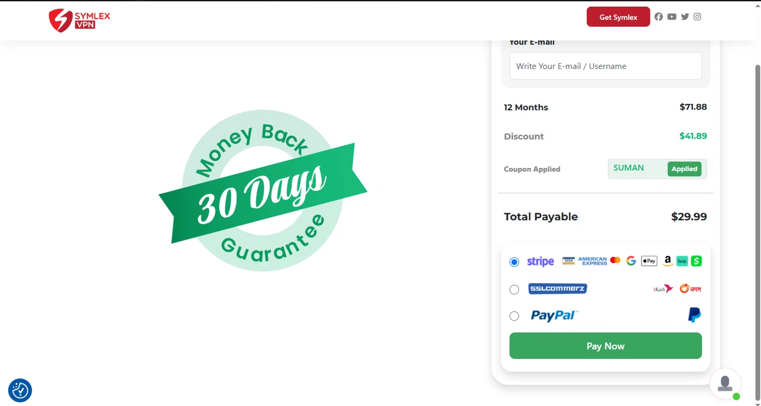 Symlex VPN coupon code screenshot showing code SUMAN applied at Symlex VPN checkout page. Uploaded by SimplyCodes community member MagnificentCaptain7552 on May 8, 2025