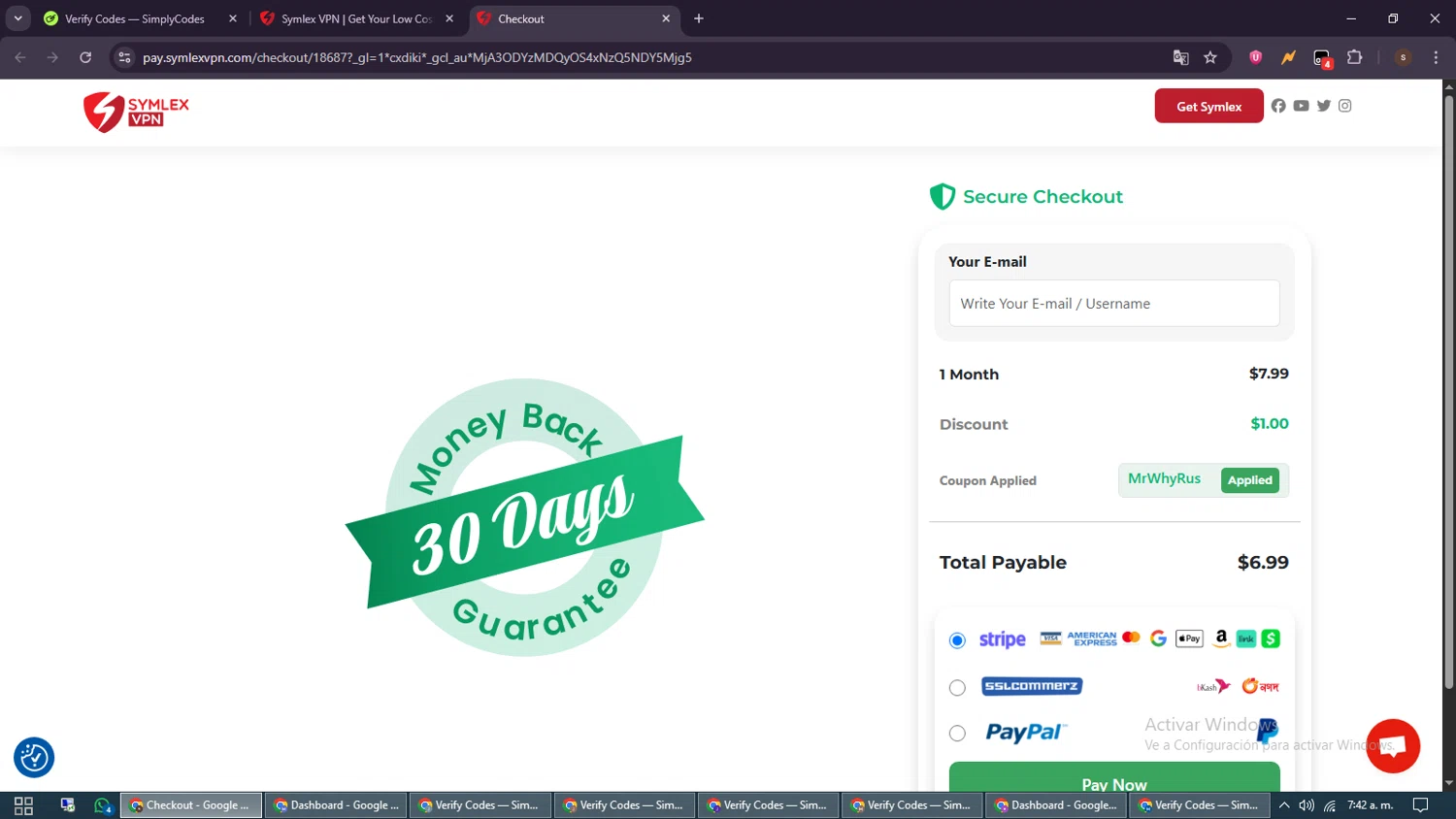 Symlex VPN coupon code screenshot showing code MrWhyRus applied at Symlex VPN checkout page. Uploaded by SimplyCodes community member GoldSentinel1426 on Jun 9, 2025
