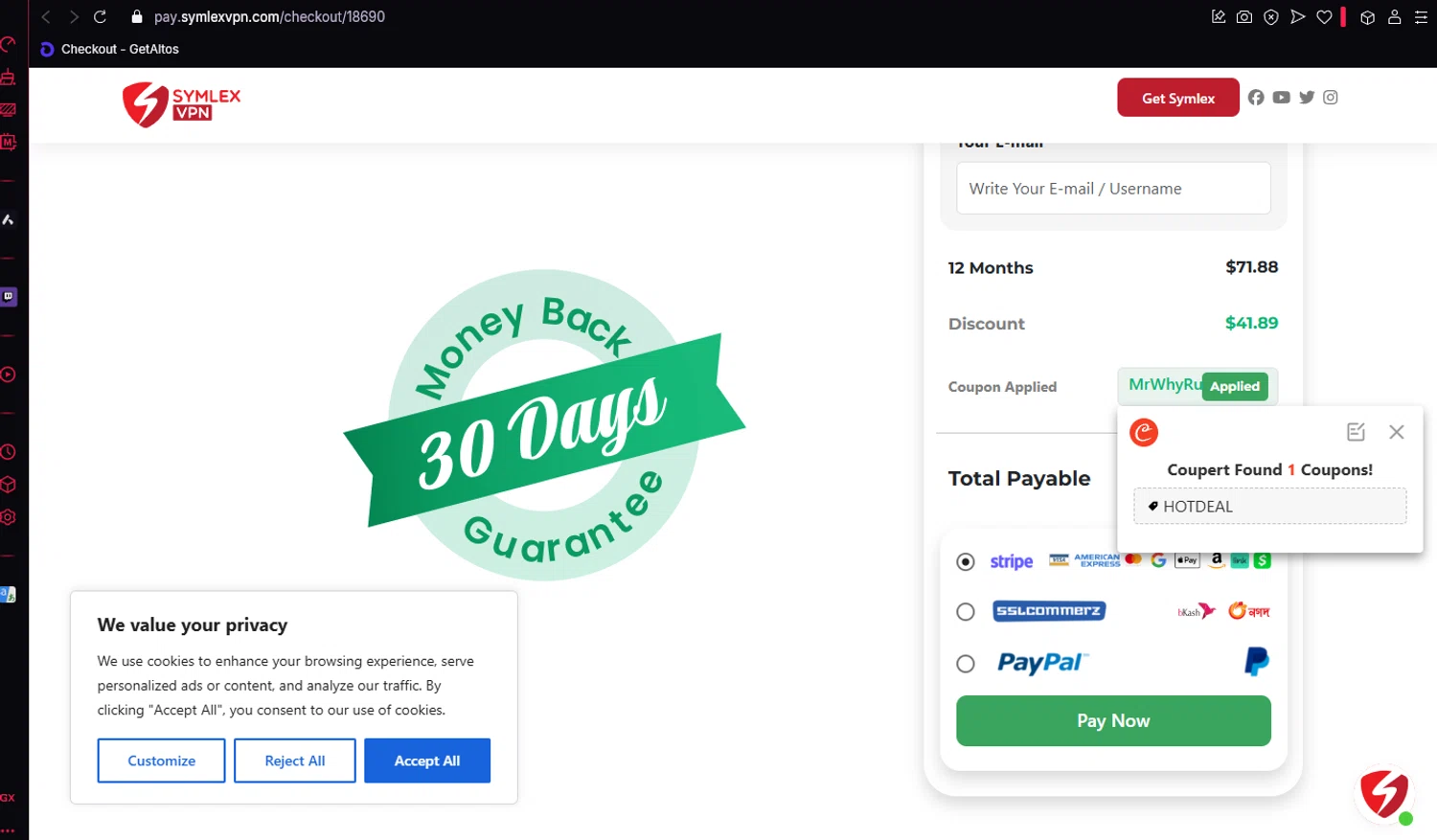 Symlex VPN coupon code screenshot showing code MrWhyRus applied at Symlex VPN checkout page. Uploaded by SimplyCodes community member BitPay on Mar 30, 2025