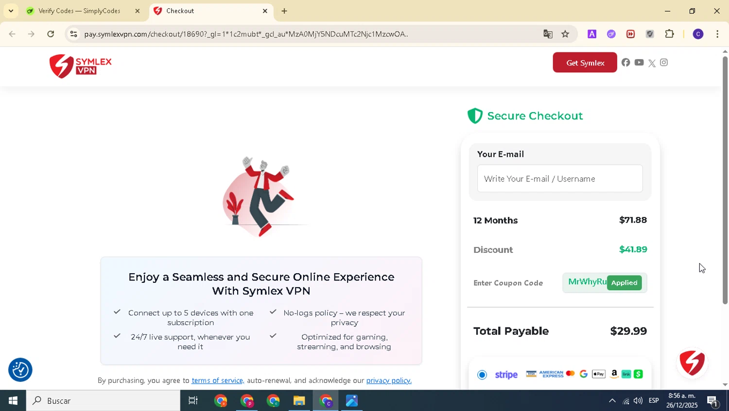 Symlex VPN coupon code screenshot showing code MrWhyRus applied at Symlex VPN checkout page. Uploaded by SimplyCodes community member alexanderarnold on Dec 26, 2025