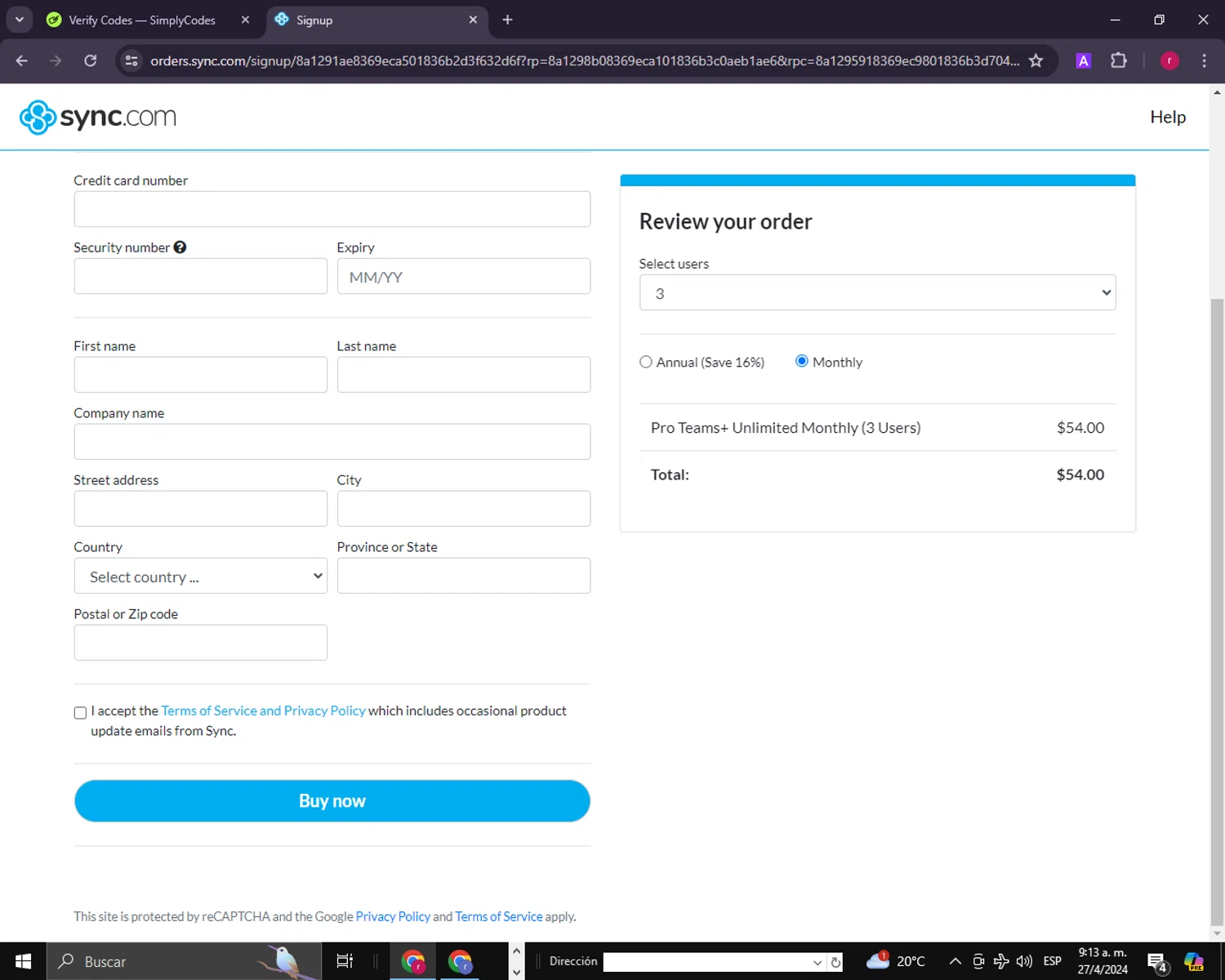 Sync checkout page showing Sync promo code box | Screenshot taken by SimplyCodes community member on Apr 27, 2024