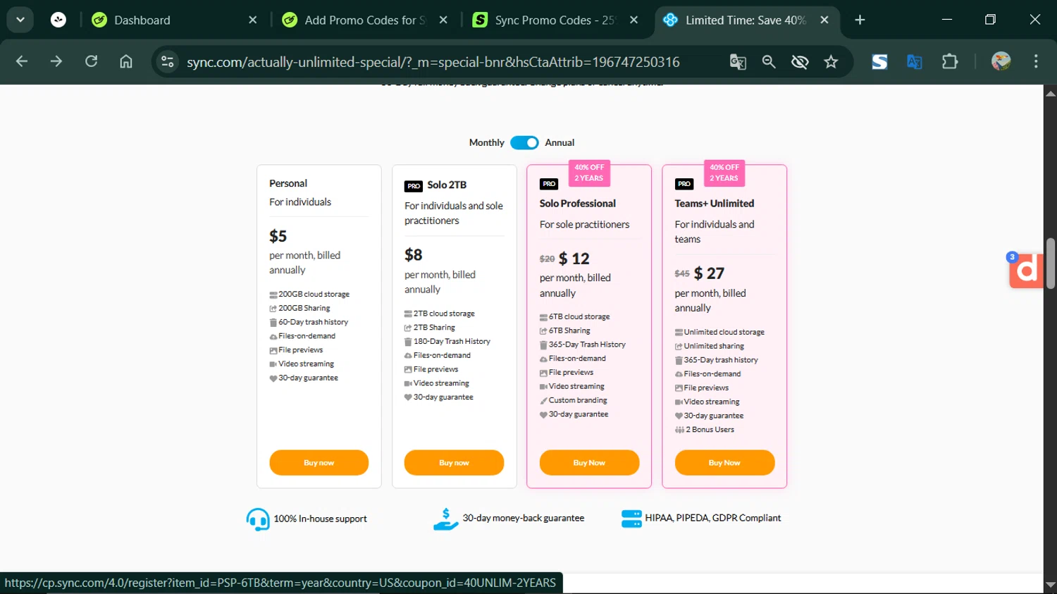 Sync promo code screenshot showing code 40UNLIM-2YEARS applied at Sync checkout page. Uploaded by SimplyCodes community member ESTHER3121 on Oct 27, 2025