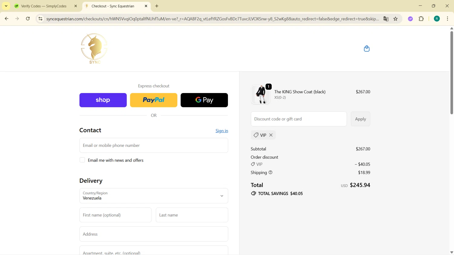 Sync Equestrian discount code screenshot showing code VIP applied at Sync Equestrian checkout page. Uploaded by SimplyCodes community member BargainMonarch6495 on Nov 20, 2025
