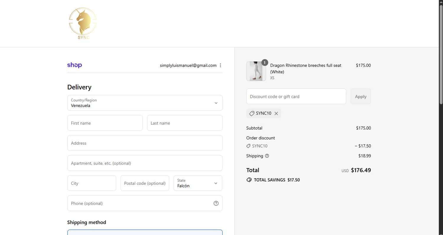 Sync Equestrian discount code screenshot showing code Sync10 applied at Sync Equestrian checkout page. Uploaded by SimplyCodes community member CouponHero3179 on Aug 29, 2025