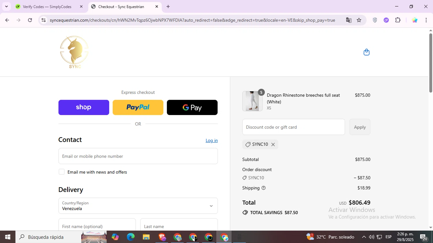 Sync Equestrian discount code screenshot showing code Sync10 applied at Sync Equestrian checkout page. Uploaded by SimplyCodes community member Estrellitacoairis on Aug 29, 2025