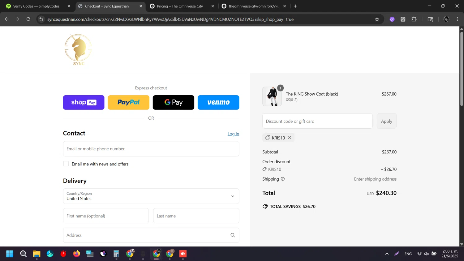 Sync Equestrian discount code screenshot showing code Kris10 applied at Sync Equestrian checkout page. Uploaded by SimplyCodes community member Rei_Chikita_uwu on Jun 21, 2025