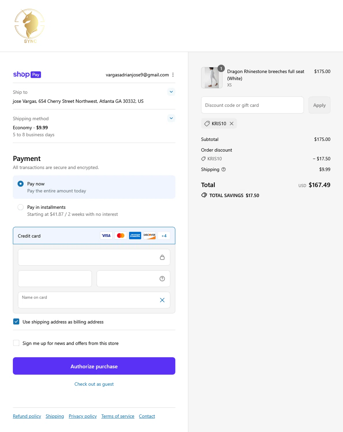 Sync Equestrian discount code screenshot showing code Kris10 applied at Sync Equestrian checkout page. Uploaded by SimplyCodes community member WladimirV on Aug 8, 2025