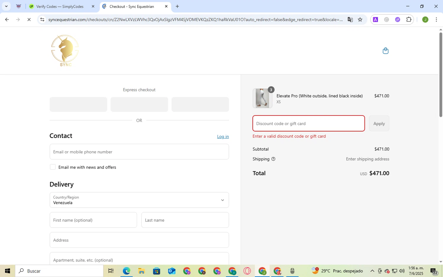 Sync Equestrian discount code screenshot showing code MEMORIALDAY applied at Sync Equestrian checkout page. Uploaded by SimplyCodes community member BukayoSaka on Jun 6, 2025