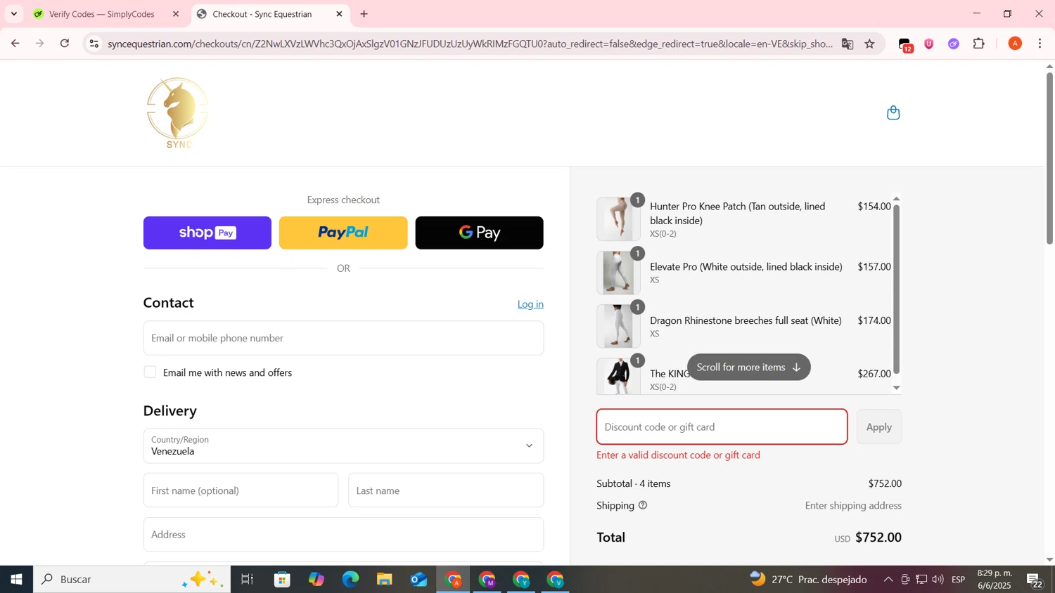 Sync Equestrian discount code screenshot showing code MEMORIALDAY applied at Sync Equestrian checkout page. Uploaded by SimplyCodes community member FrugalSentinel6206 on Jun 7, 2025
