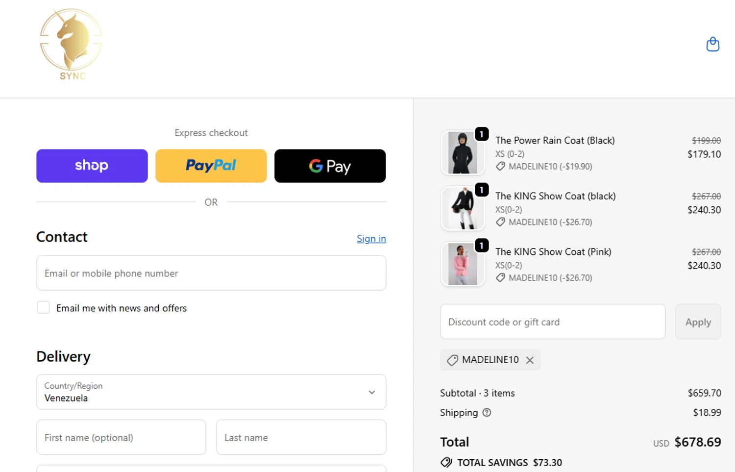Sync Equestrian discount code screenshot showing code madeline10 applied at Sync Equestrian checkout page. Uploaded by SimplyCodes community member fettywap on Nov 20, 2025