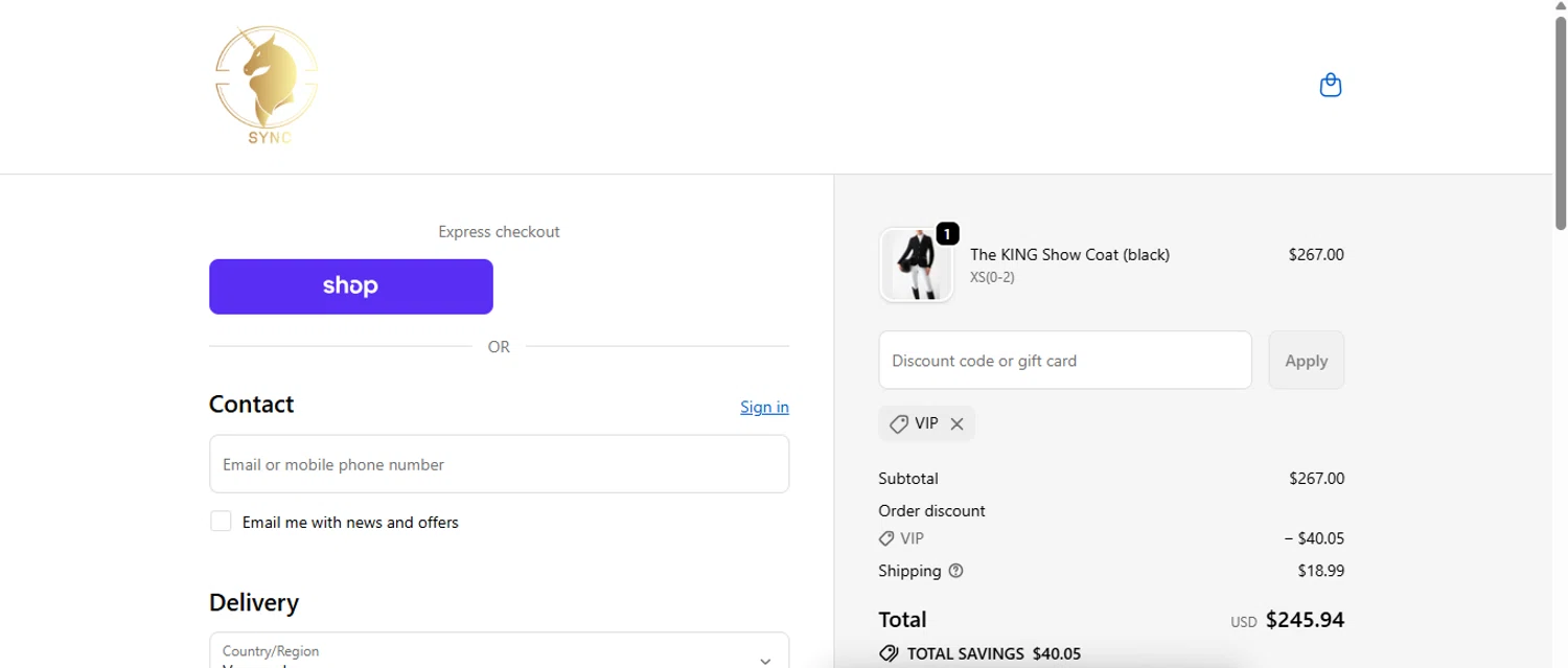 Sync Equestrian discount code screenshot showing code VIP applied at Sync Equestrian checkout page. Uploaded by SimplyCodes community member anosesmith on Nov 20, 2025
