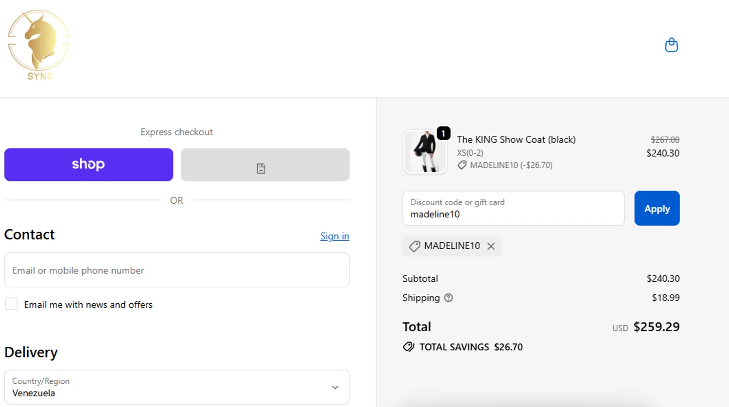 Sync Equestrian discount code screenshot showing code madeline10 applied at Sync Equestrian checkout page. Uploaded by SimplyCodes community member anosesmith on Nov 20, 2025