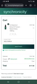 WELCOME40 coupon verification screenshot