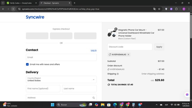 Syncwire checkout page showing Syncwire discount code box | Screenshot taken by SimplyCodes community member on Sep 3, 2025