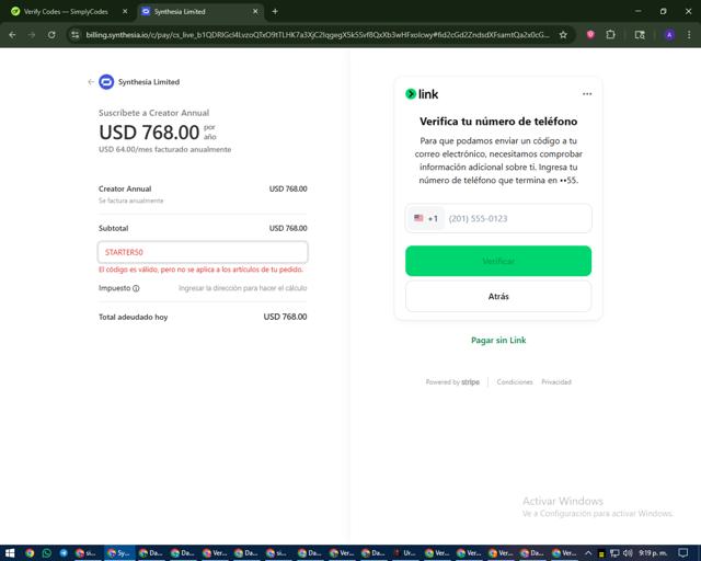 Synthesia checkout page showing Synthesia discount code box | Screenshot taken by SimplyCodes community member on Sep 9, 2025
