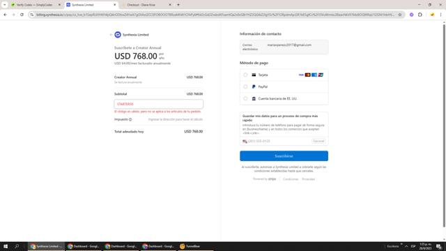 Synthesia checkout page showing Synthesia discount code box | Screenshot taken by SimplyCodes community member on Aug 28, 2025
