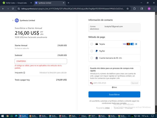 Synthesia checkout page showing Synthesia discount code box | Screenshot taken by SimplyCodes community member on Aug 4, 2025