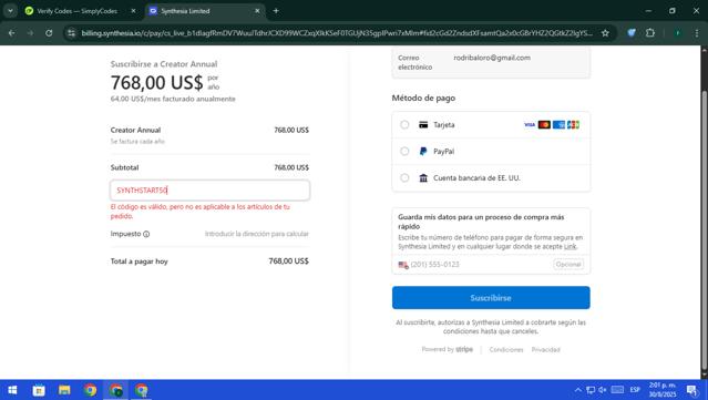 Synthesia checkout page showing Synthesia discount code box | Screenshot taken by SimplyCodes community member on Aug 30, 2025