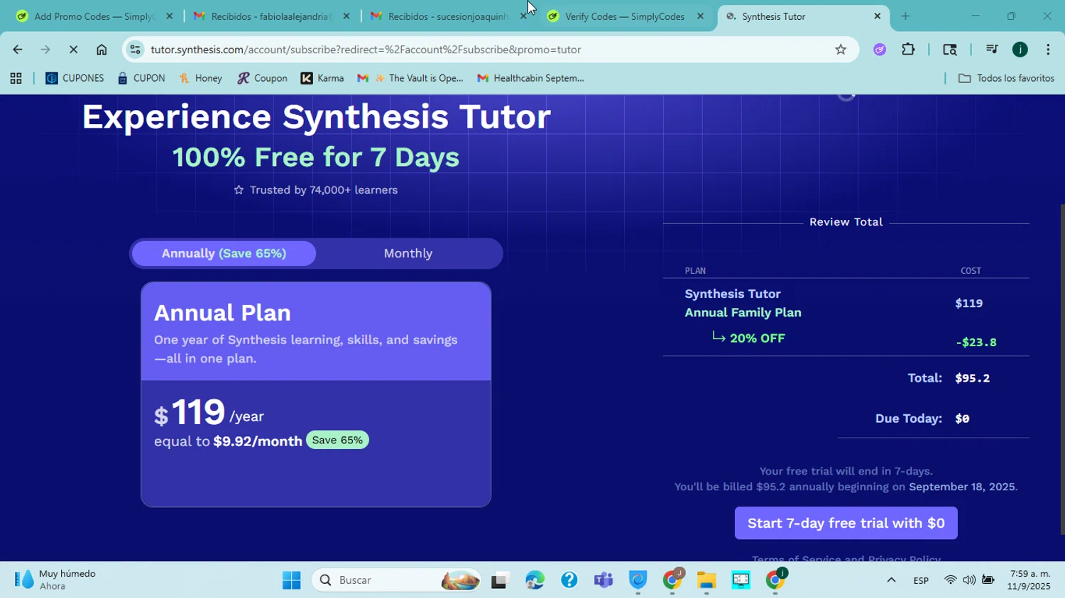 Synthesis Tutor promo code screenshot showing code TUTOR applied at Synthesis Tutor checkout page. Uploaded by SimplyCodes community member jorgejavierherrera on Sep 11, 2025