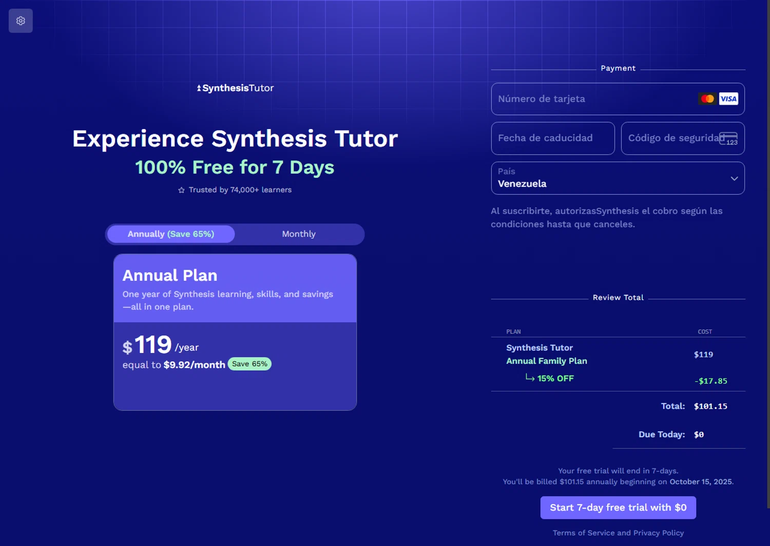 Synthesis Tutor promo code screenshot showing code AMANDA applied at Synthesis Tutor checkout page. Uploaded by SimplyCodes community member Alejandra10 on Oct 8, 2025