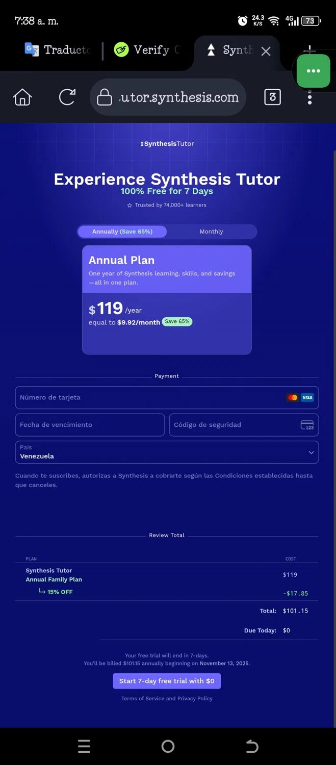 Synthesis Tutor promo code screenshot showing code AMANDA applied at Synthesis Tutor checkout page. Uploaded by SimplyCodes community member JannyiseaN on Nov 6, 2025