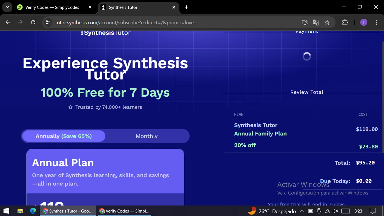Synthesis Tutor checkout page showing Synthesis Tutor promo code box | Screenshot taken by SimplyCodes community member on Jan 21, 2026