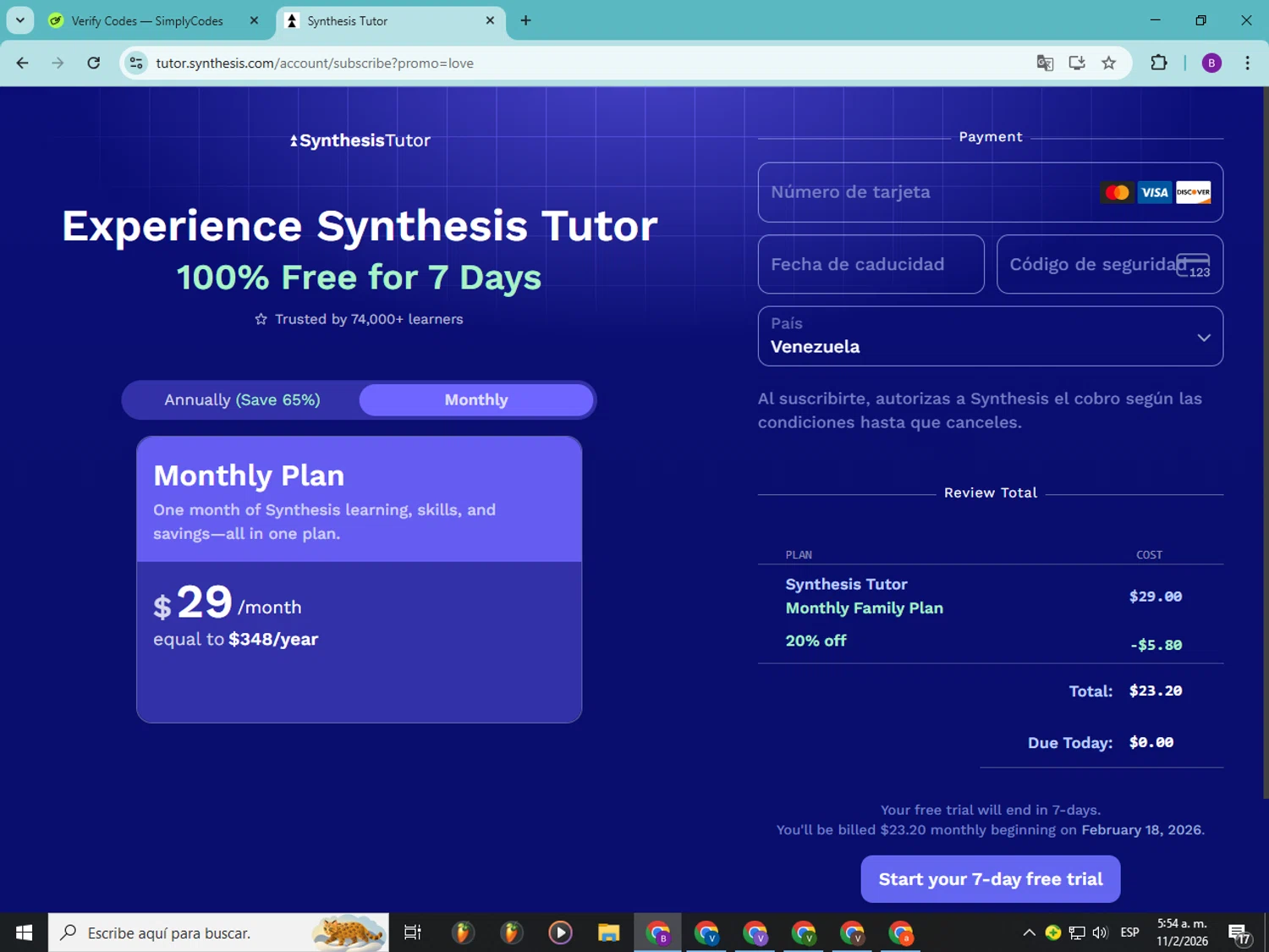 Synthesis Tutor checkout page showing Synthesis Tutor promo code box | Screenshot taken by SimplyCodes community member on Feb 11, 2026
