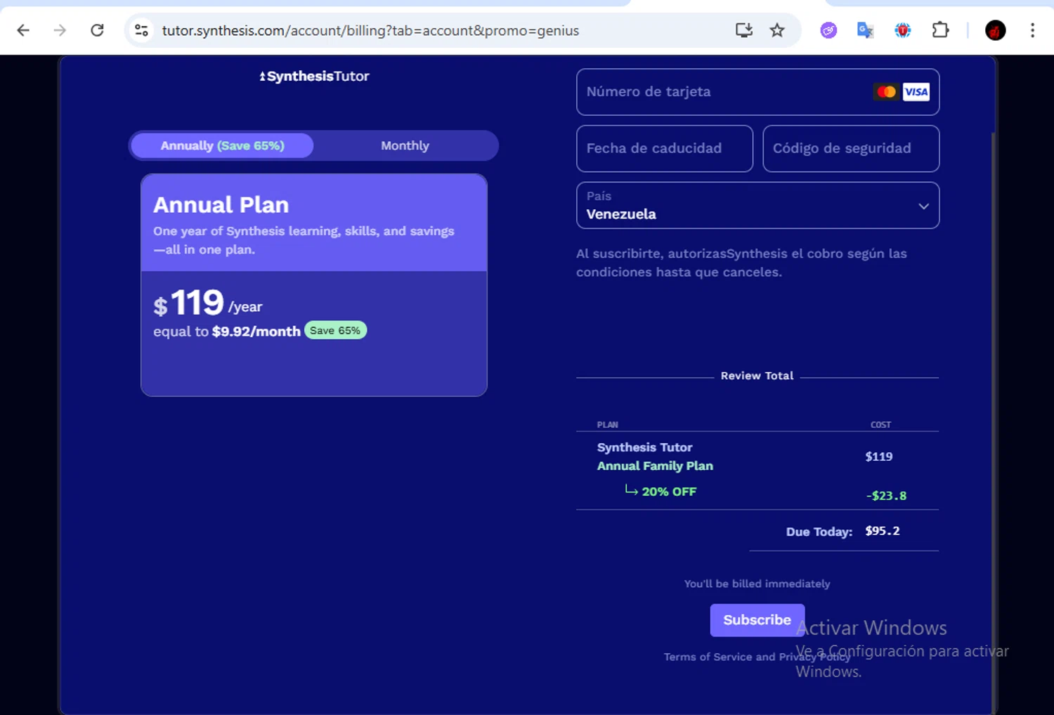 Synthesis Tutor promo code screenshot showing code genius applied at Synthesis Tutor checkout page. Uploaded by SimplyCodes community member Francisco01 on Oct 8, 2025