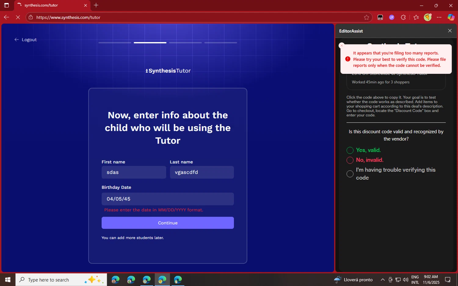 Synthesis Tutor promo code screenshot showing code genius applied at Synthesis Tutor checkout page. Uploaded by SimplyCodes community member jvllsk2 on Nov 6, 2025