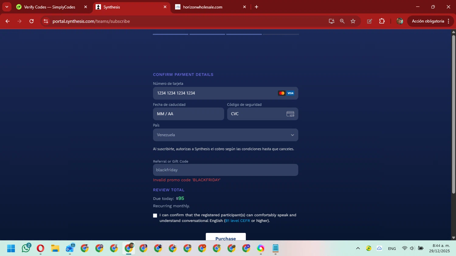 Synthesis Tutor promo code screenshot showing code blackfriday applied at Synthesis Tutor checkout page. Uploaded by SimplyCodes community member David_Gut_Sonic on Dec 29, 2025