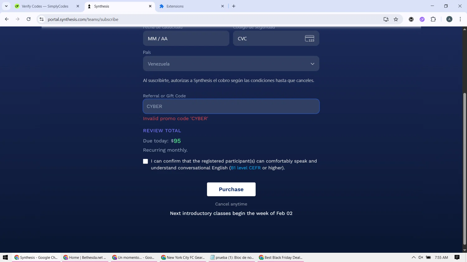 Synthesis Tutor promo code screenshot showing code CYBER applied at Synthesis Tutor checkout page. Uploaded by SimplyCodes community member BonusMonarch7015 on Dec 30, 2025